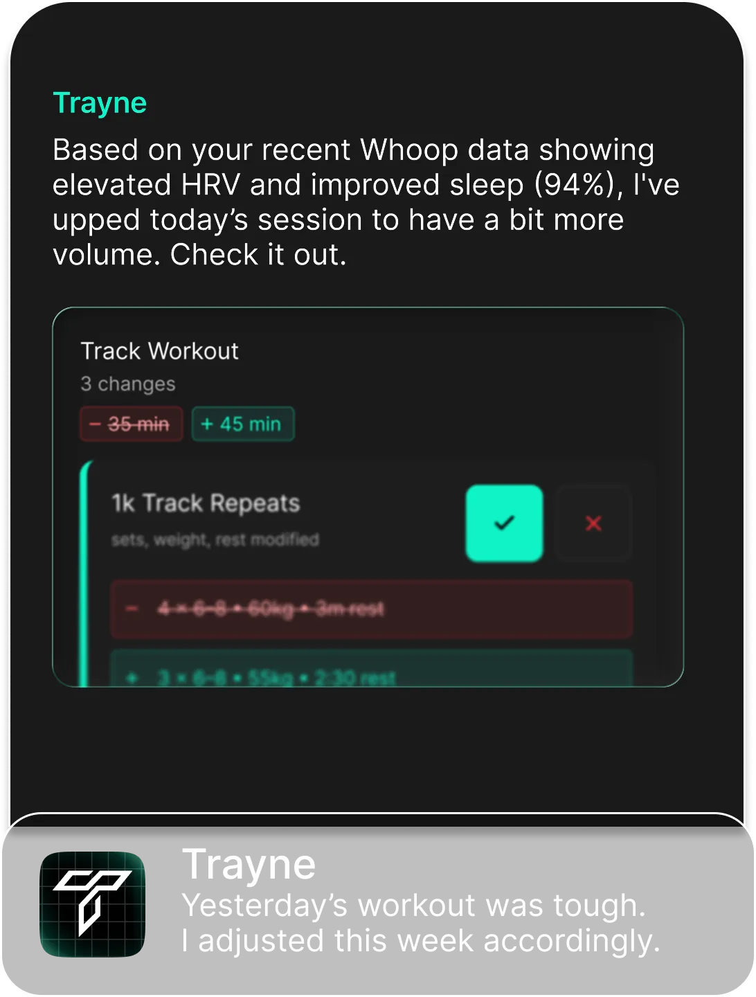 Trayne AI adjusting a workout based on WHOOP recovery data, showing diff view of session changes