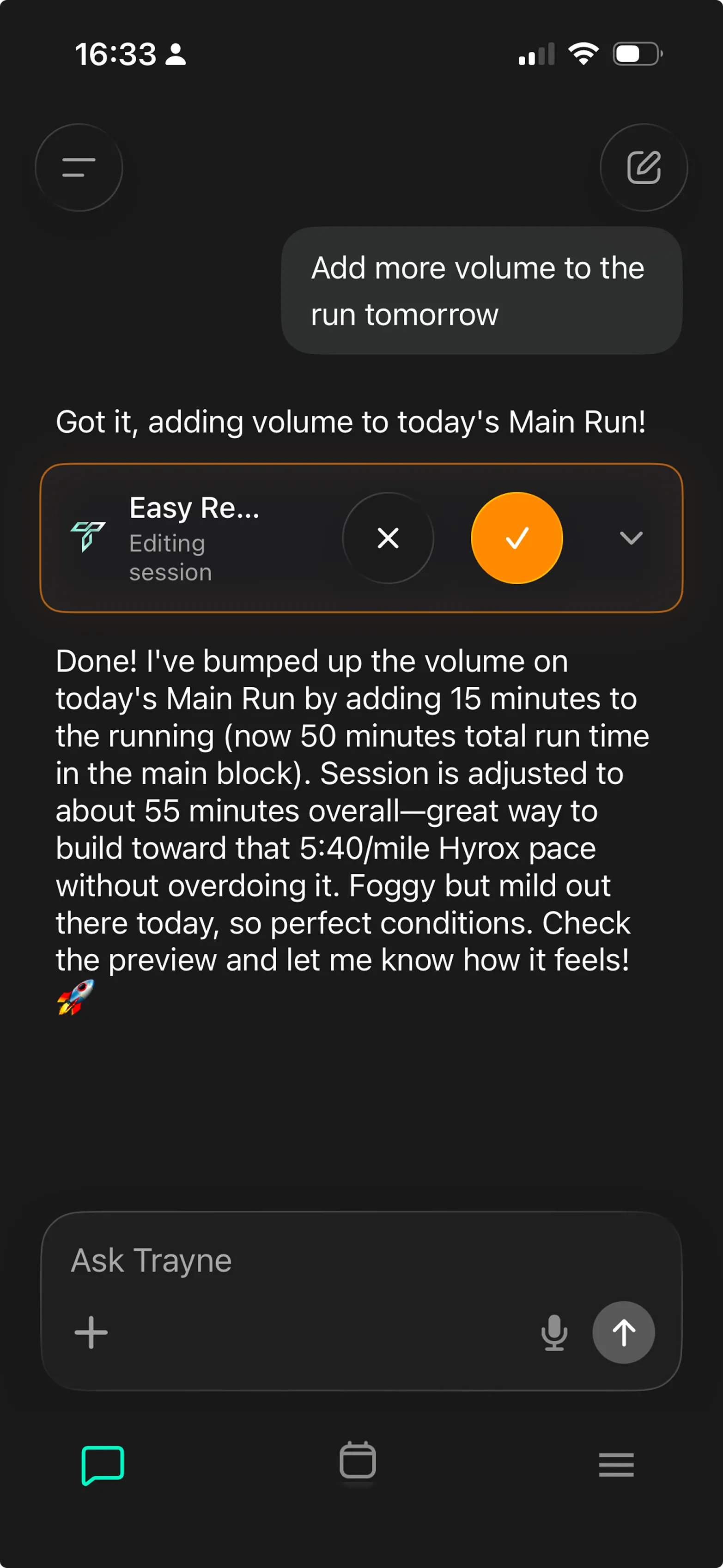 Live session editing showing accept and reject options for plan changes
